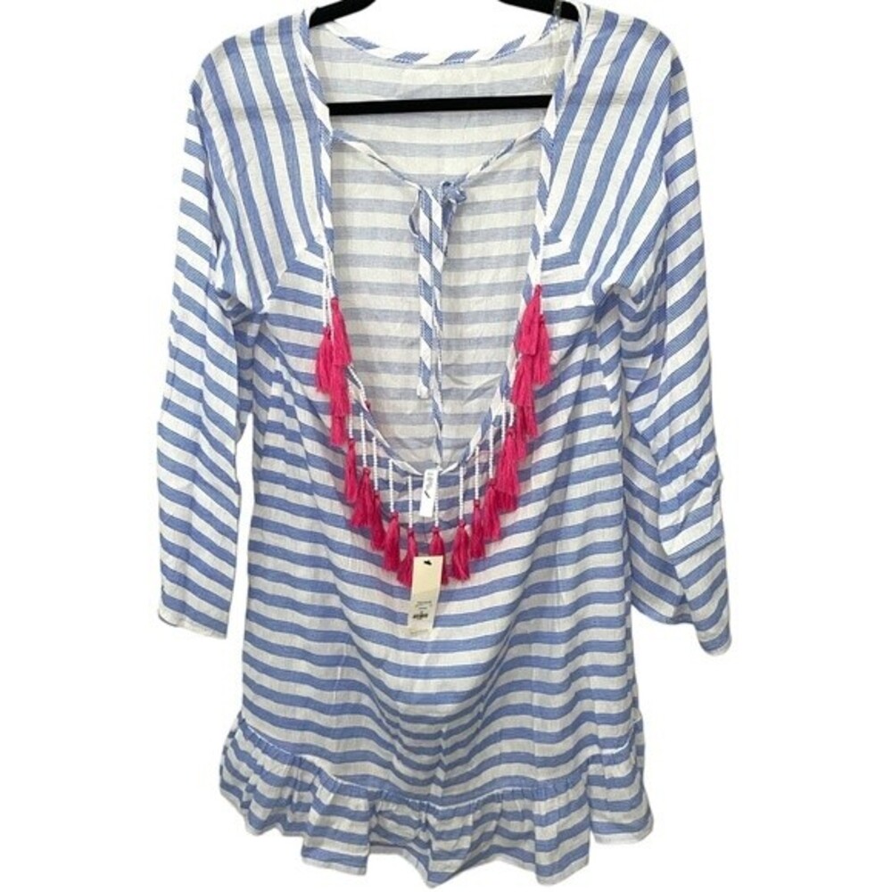 NWT Francesca's Beach Swim Cover Up Blue White Striped Beaded Tassel Size MEDIUM
